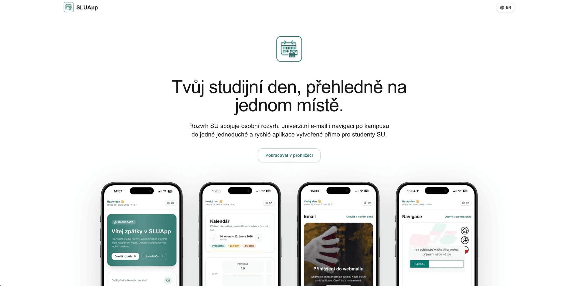 Náhled aplikace SLUAPP — rozvrh, mail a navigace po kampusu